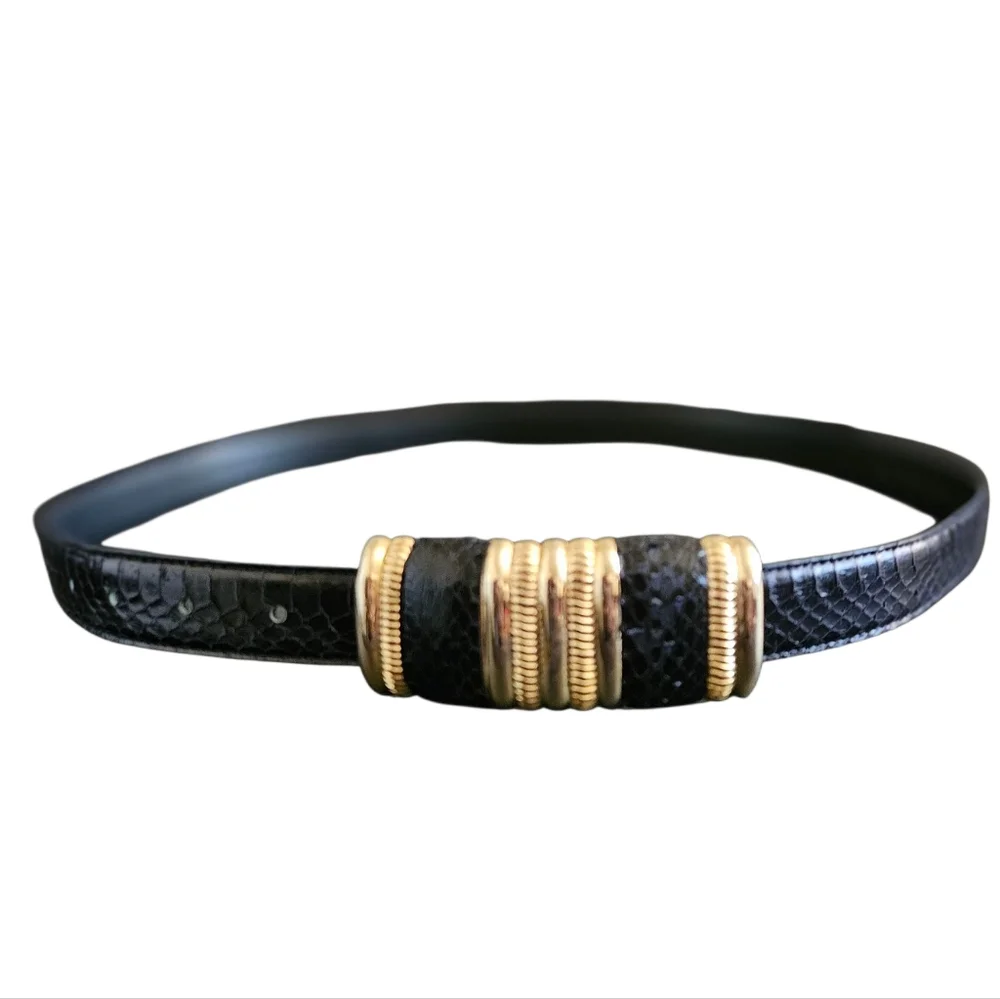 Vintage Women's Leather Shop Navy Blue Snakeskin Embellished Buckle Belt Size L